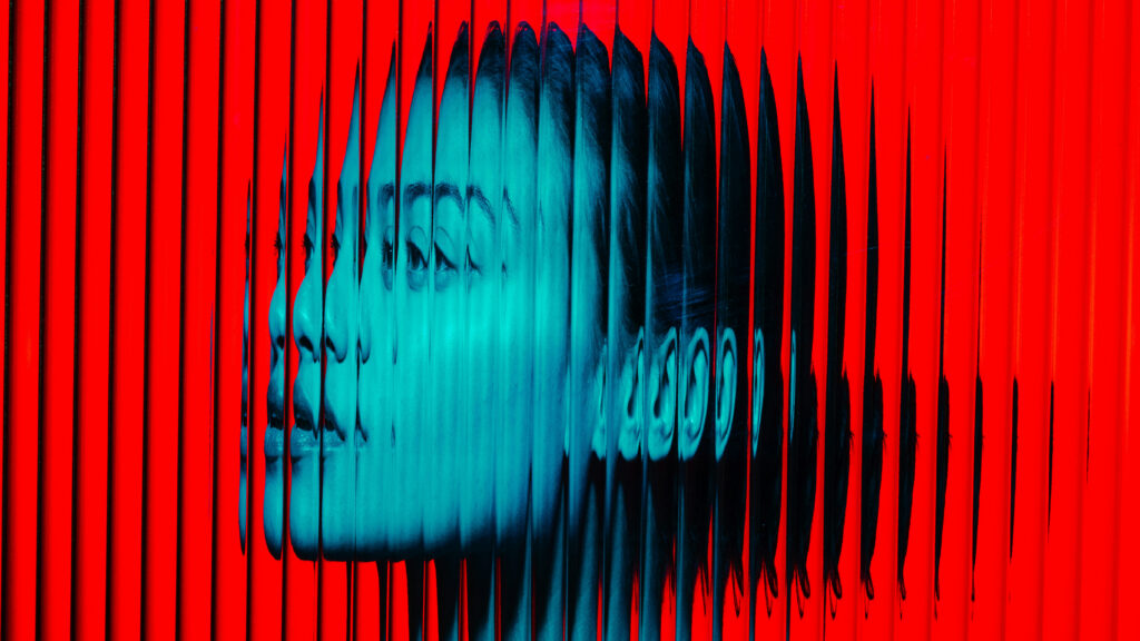 Distorted red and cyan portrait graphic representing AI-altered human identity